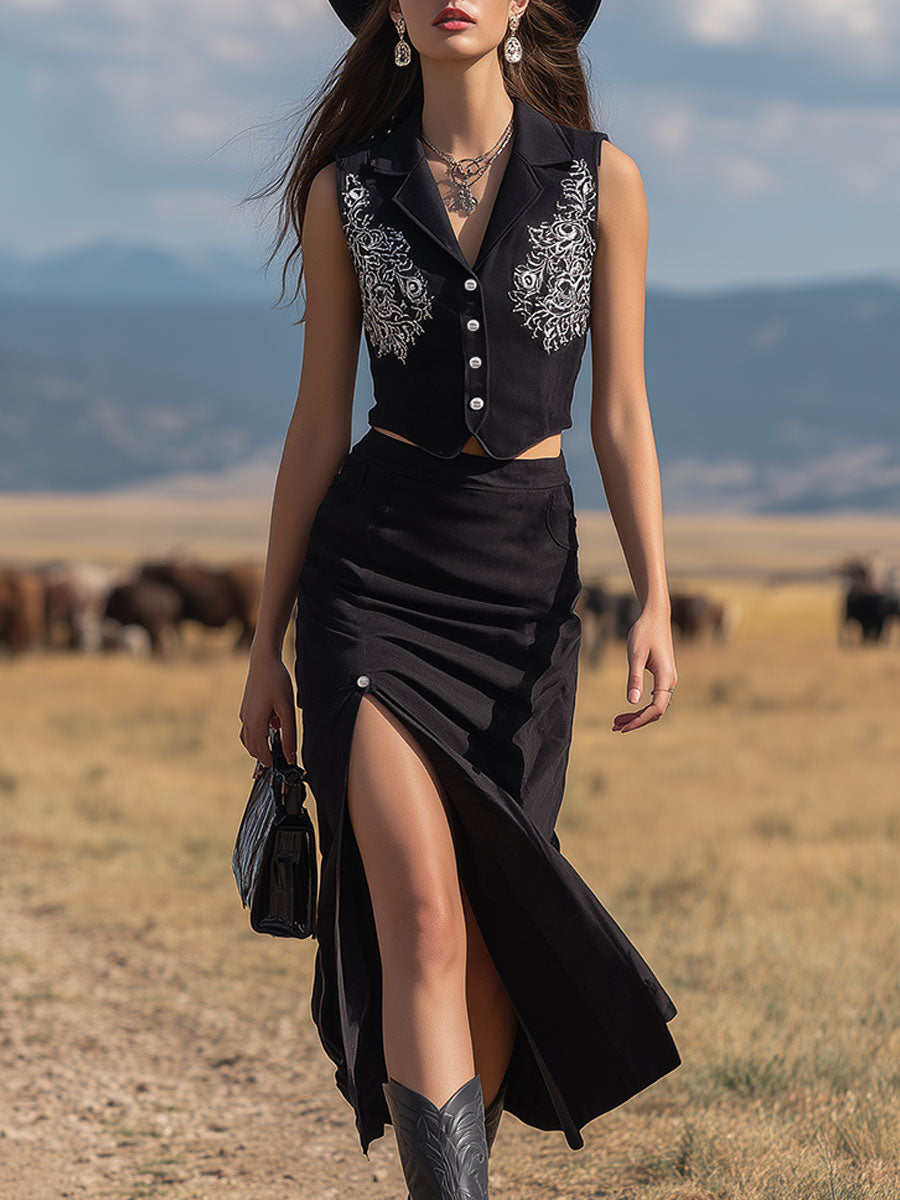 Western Retro Embroidered Black Vest And Skirt Set