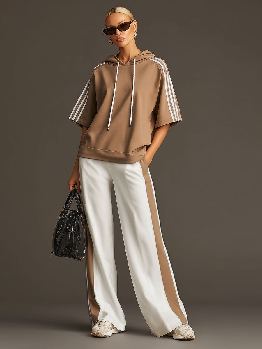 Casual Sporty Retro Camel Short-Sleeve Hooded Sweatshirt And Wide-Leg Pants Set