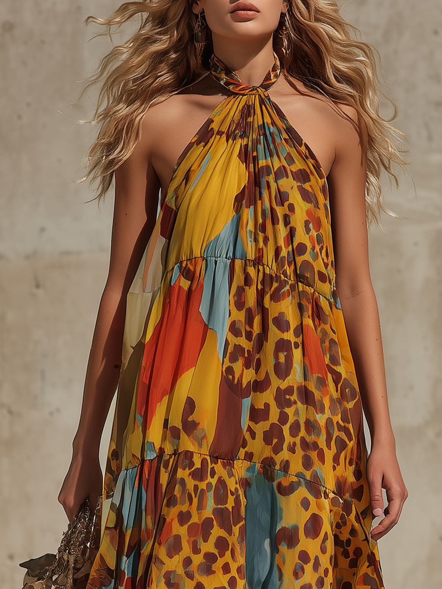 Stylish Western-style Colorful Leopard Print Sleeveless Chiffon Maxi Dress