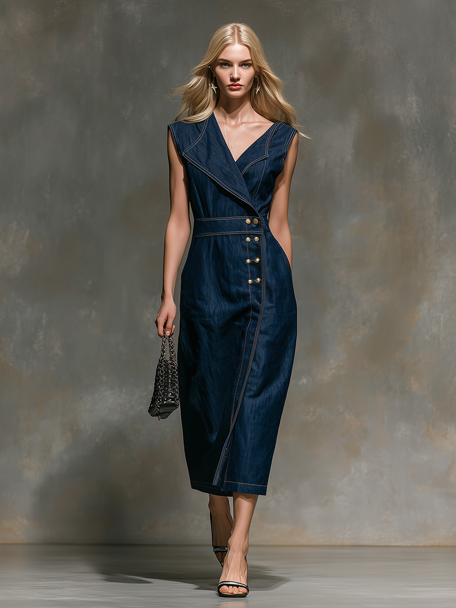 Retro-chic Sleeveless Asymmetrical Neckline Midi Dress