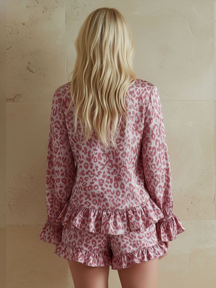 Leopard Print V-neck Ruffled Long-sleeved Top And Shorts Chiffon Set