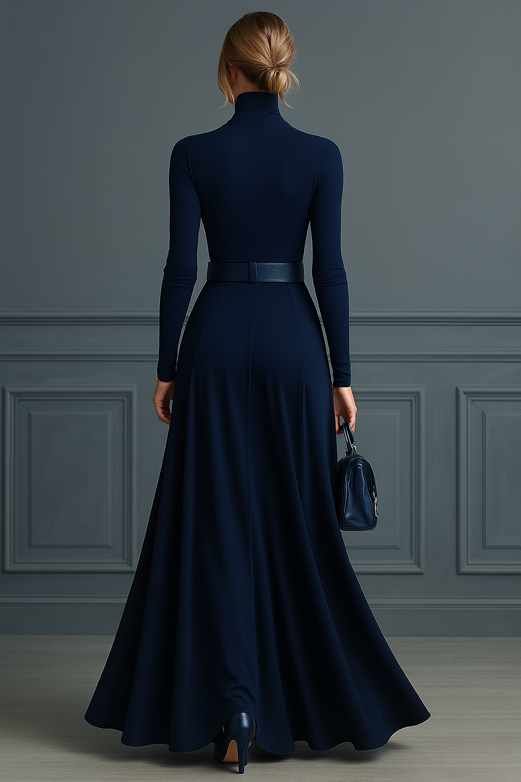 Women's Dark Blue Knitted High-neck Dress MDA2760H6T