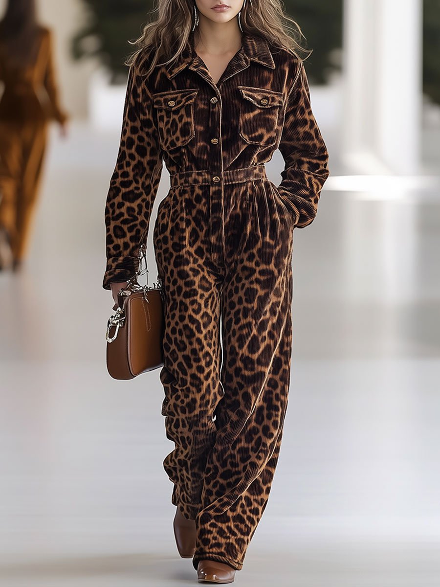 【24-hour shipping out】Casual Loose Retro Corduroy Leopard Print Multi-Pocket Long Sleeve Jumpsuit