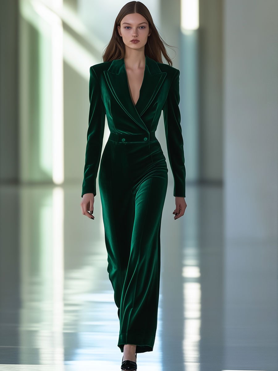 【24-hour shipping out】Casual Loose Retro Green Velvet Double-Layer Lapel Long-Sleeved Jumpsuit