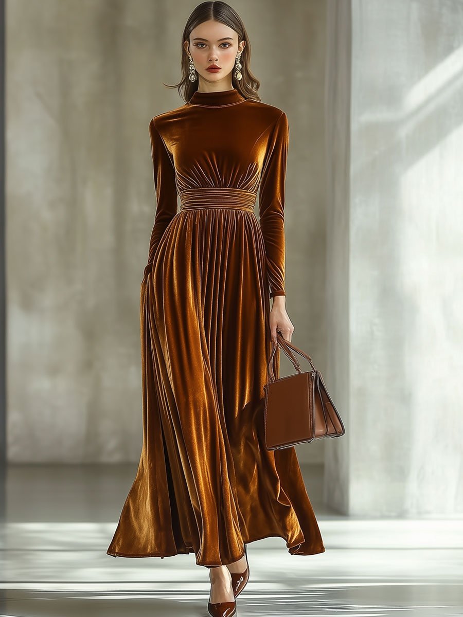 【24-hour shipping out】Solid Color Simple Party Long Sleeve Half Turtleneck Maxi Dress