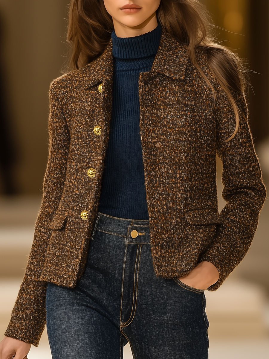 【24-hour shipping out】Casual Loose Vintage Tweed Metal Button Coat