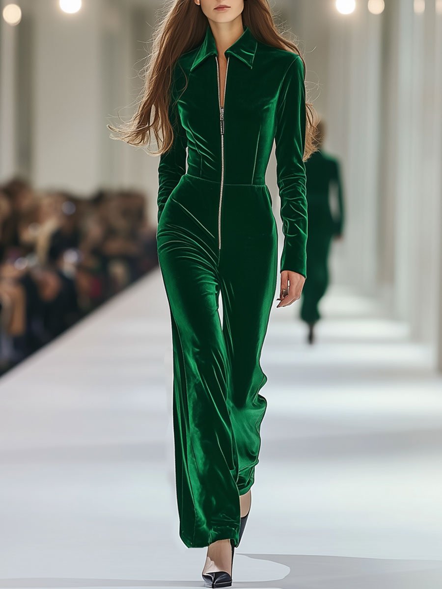 【24-hour shipping out】Casual Loose Retro Long Sleeve Green Velvet Zipper Jumpsuit