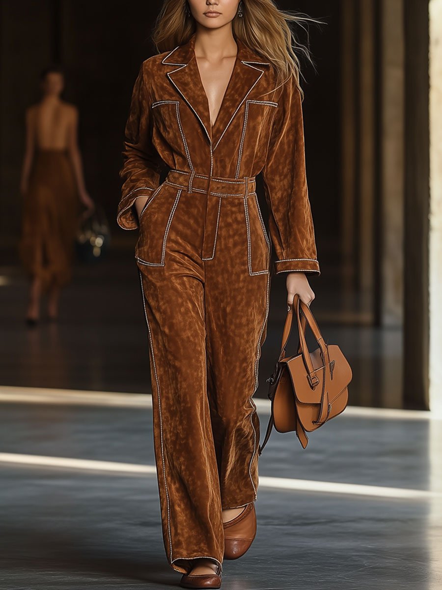 【24-hour shipping out】Casual Loose Vintage Exposed Pocket Long Sleeve Suede Jumpsuit