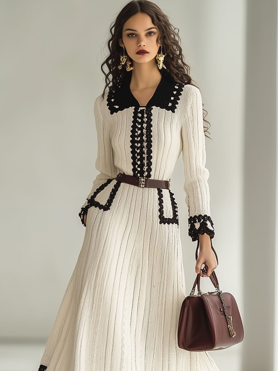 【24-hour shipping out】Fashion Retro Knitted Colorblock Long Sleeve Maxi Dress