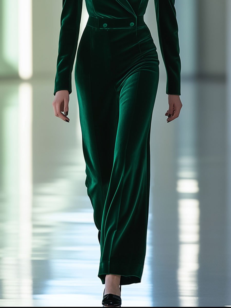 【24-hour shipping out】Casual Loose Retro Green Velvet Double-Layer Lapel Long-Sleeved Jumpsuit