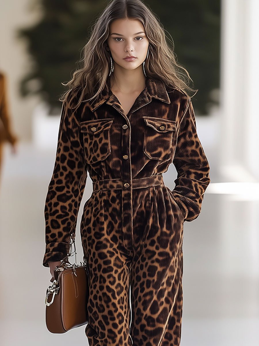 【24-hour shipping out】Casual Loose Retro Corduroy Leopard Print Multi-Pocket Long Sleeve Jumpsuit