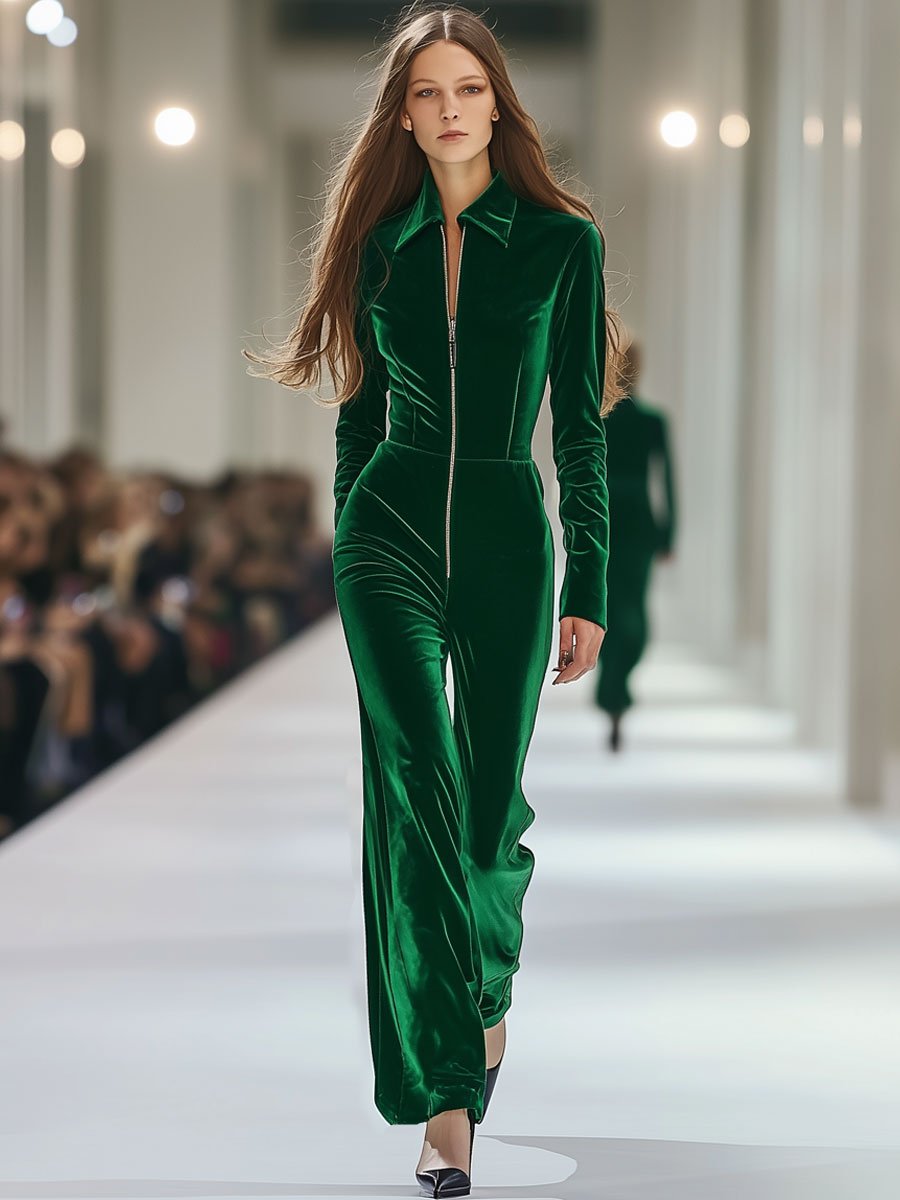 【24-hour shipping out】Casual Loose Retro Long Sleeve Green Velvet Zipper Jumpsuit