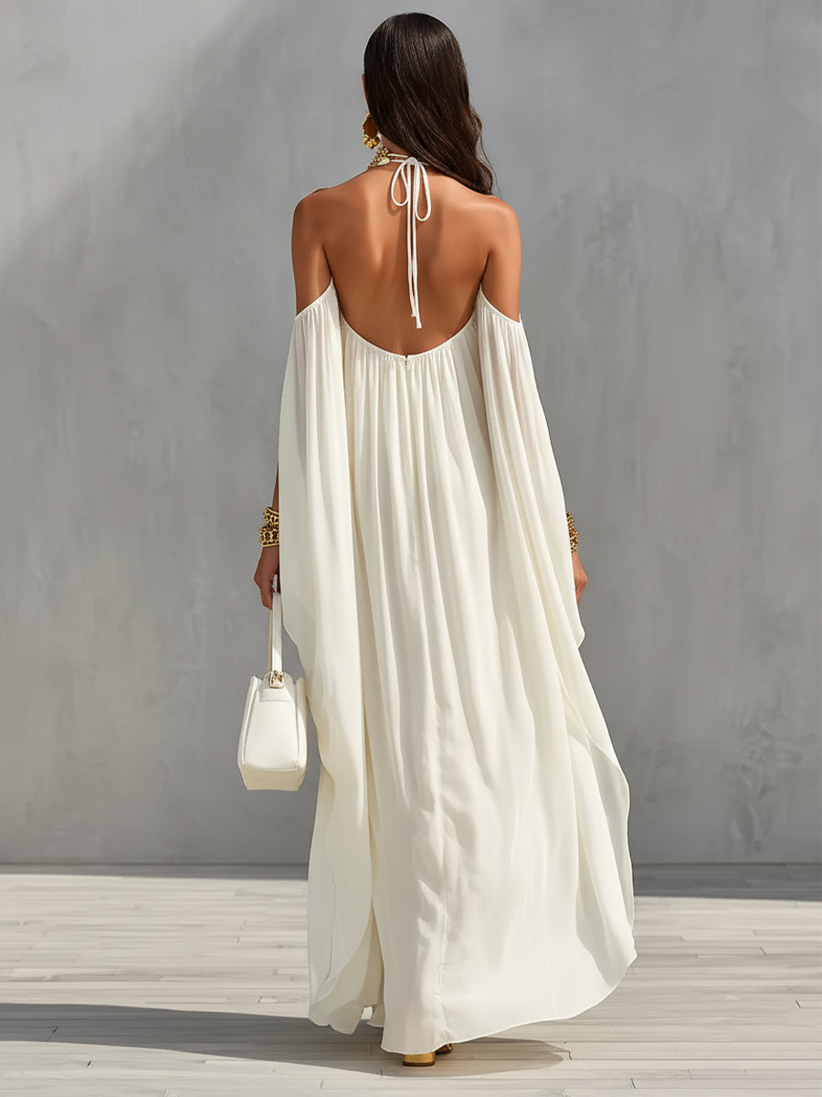 Women's Ivory Chiffon Dress With Halter Neck & Cold-Shoulder Detail, Timeless Luxe-Boho Style Dress MDA2983L1I