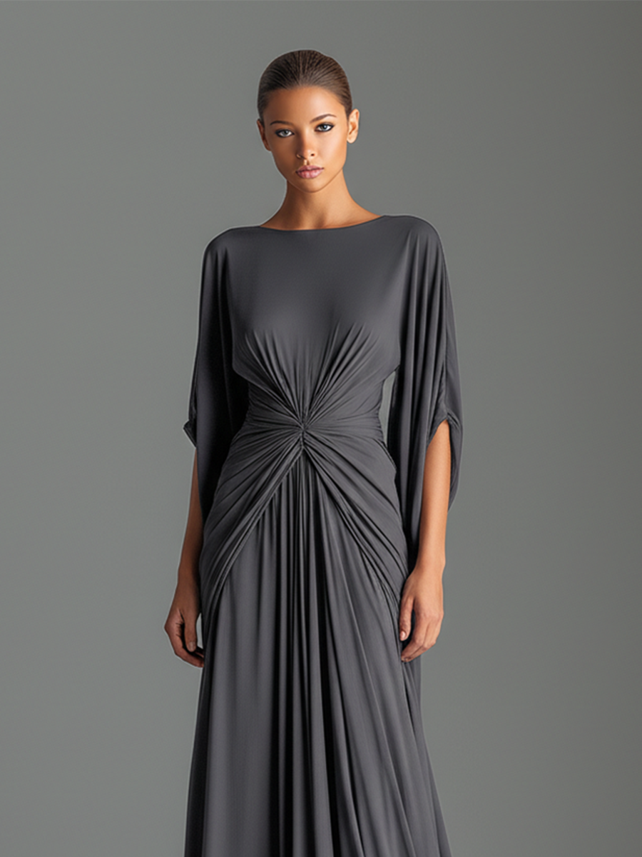 Women's Jet Black Fluid Dress With Round Neck & Flowy Maxi Skirt, Modern Bold-Elegant Style Dress MDZ1693A9I