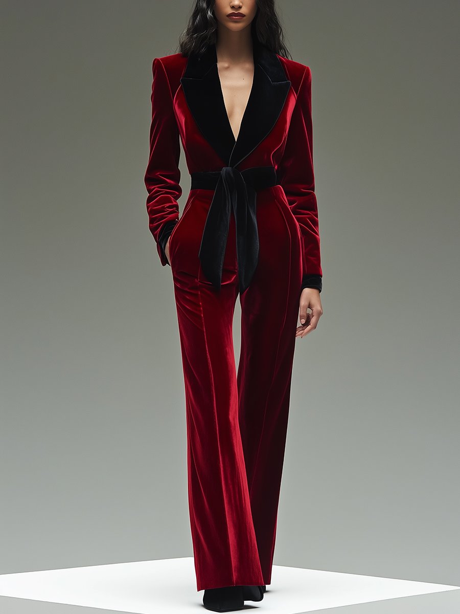 【24-hour shipping out】Retro Fashion Lapel Belt Different Color Velvet Stitching Jumpsuit
