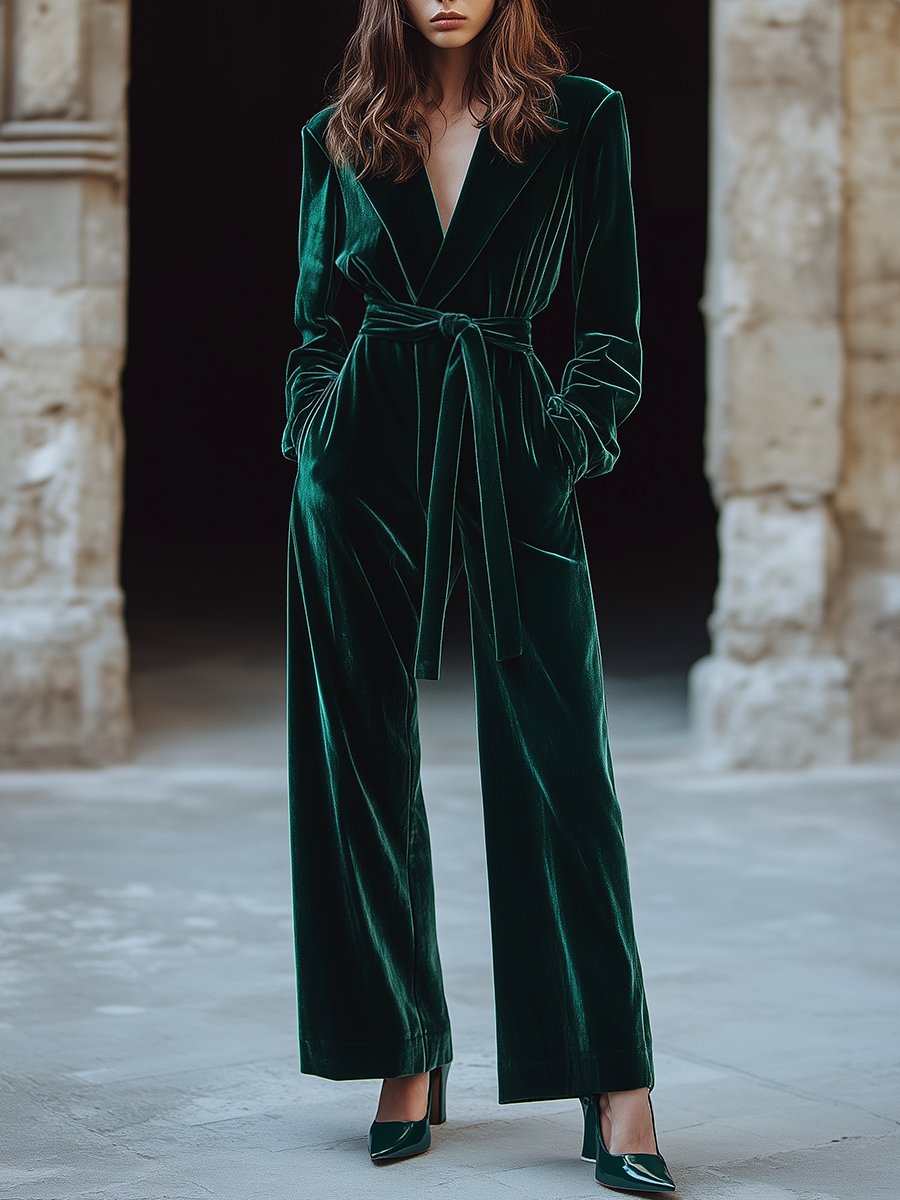 【24-hour shipping out】Retro Fashion Lapel Tie Pocket Velvet Jumpsuit