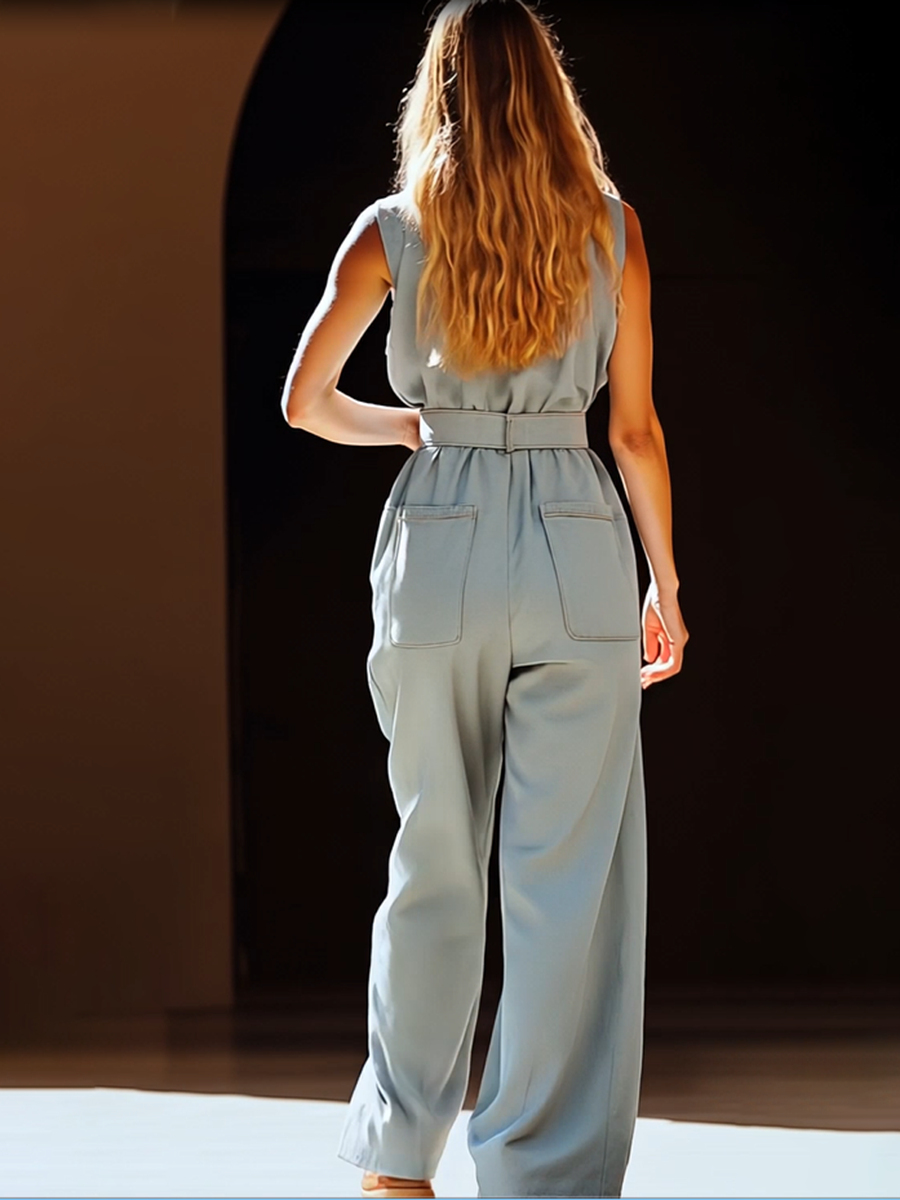 【24-hour shipping out】Casual Retro Gray-blue Tencel Denim Pocket Overalls