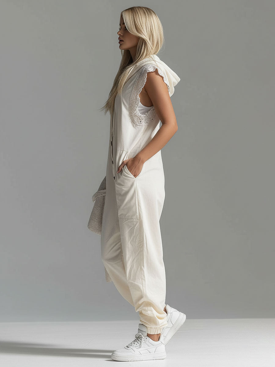 Hooded Lace-trimmed Double-pocket Sleeveless Jumpsuit